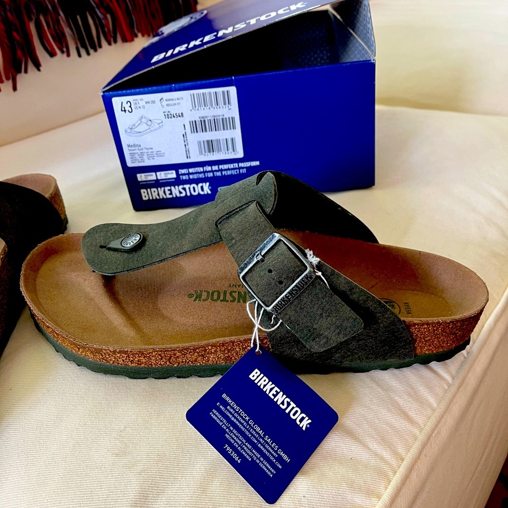 NIB size 43 (women’s 12) Birkenstock Medina sandals in desert thyme—army green.